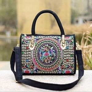 Daubdo Black Floral Canvas Embroidered Casual Shoulder Satchel Bag